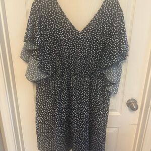 SHEIN Blue and White V-Neck Flutter Sleeve Sundress